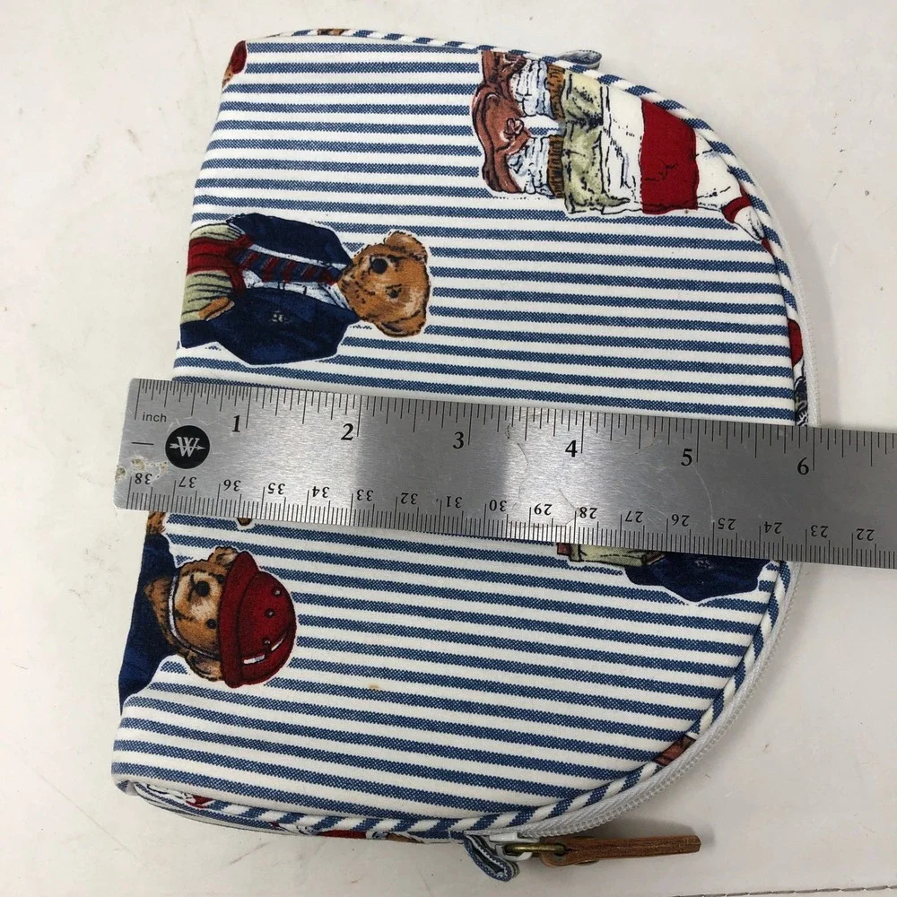 Vintage Ralph Lauren Polo Bear Cosmetic Bag Blue Striped Fabric Pouch